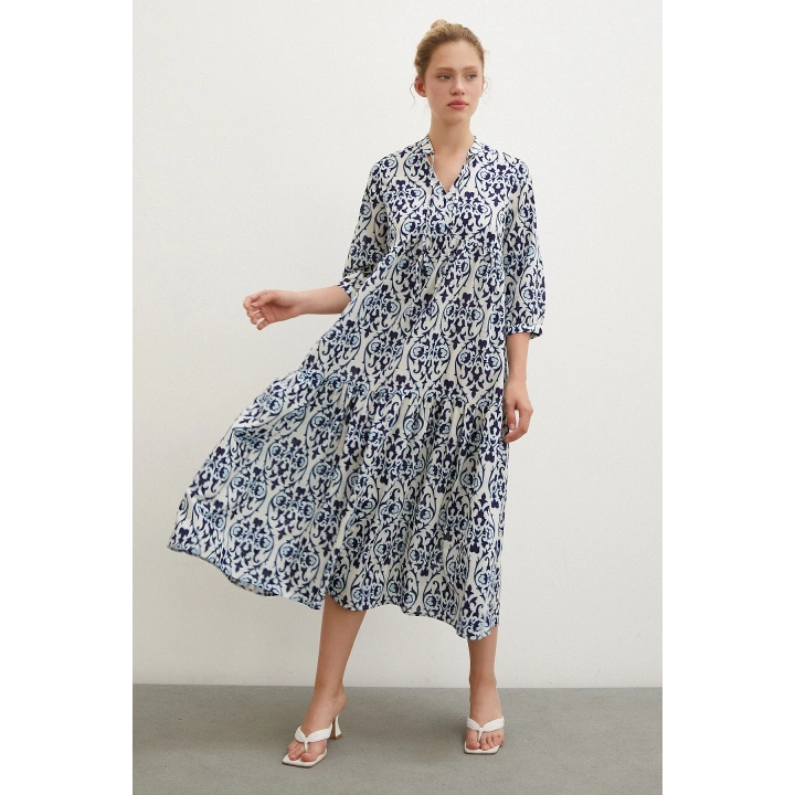 Hakim Yaka Desenli Maxi Elbise Lacivert