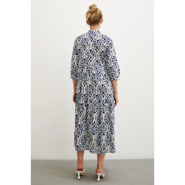 Hakim Yaka Desenli Maxi Elbise Lacivert