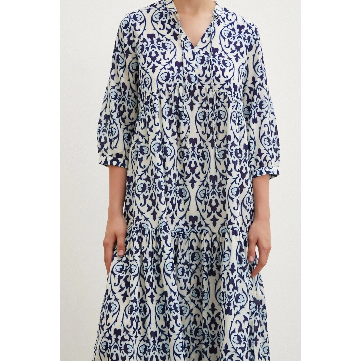 Hakim Yaka Desenli Maxi Elbise Lacivert