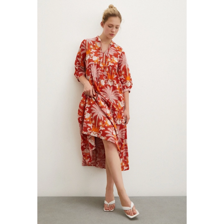 Hakim Yaka Desenli Maxi Elbise Oranj