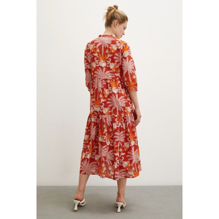 Hakim Yaka Desenli Maxi Elbise Oranj