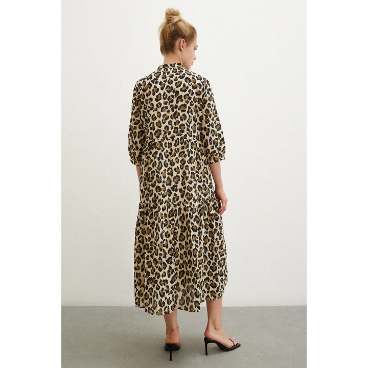 Hakim Yaka Desenli Maxi Elbise Siyah