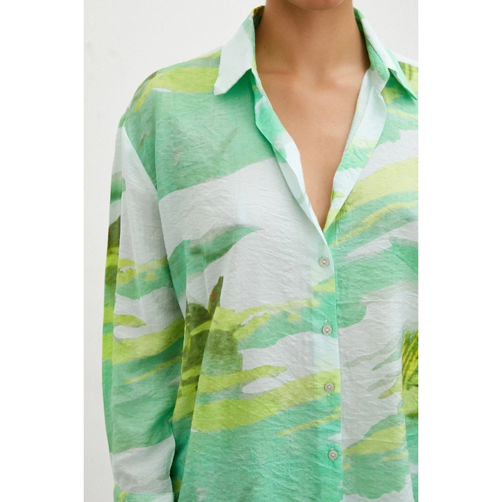 Hawaii Desen Modal Gömlek Yeşil