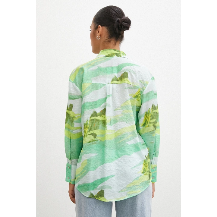 Hawaii Desen Modal Gömlek Yeşil