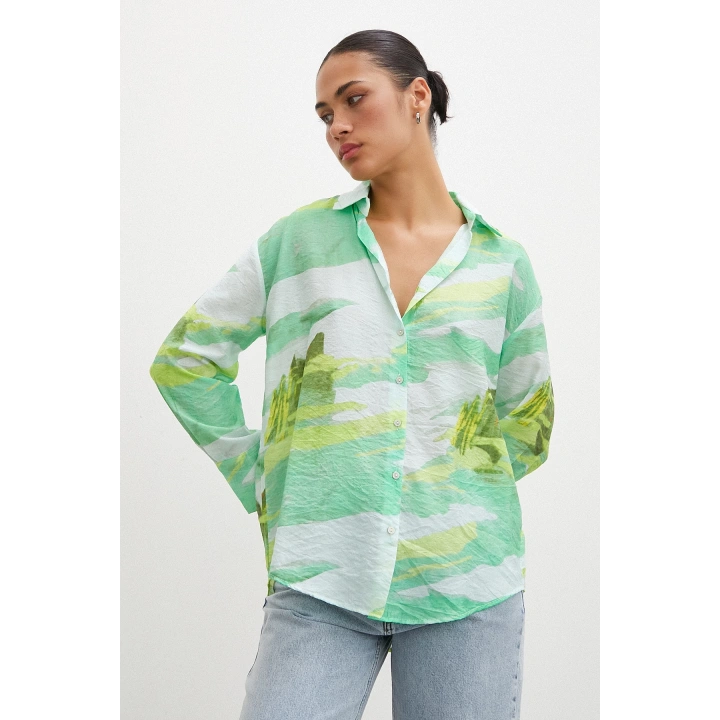 Hawaii Desen Modal Gömlek Yeşil