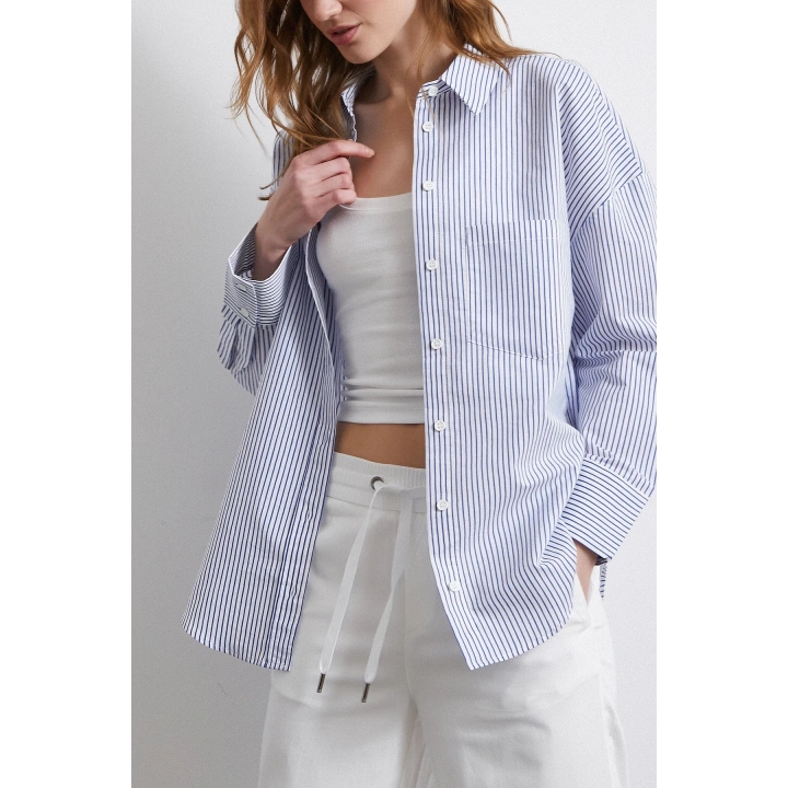 İnce Çizgili Gömlek Mavi