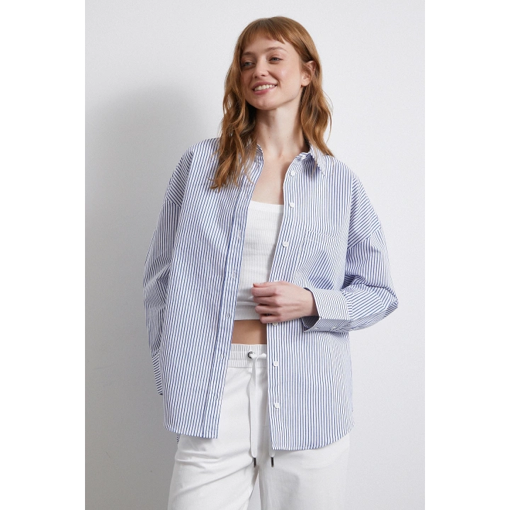 İnce Çizgili Gömlek Mavi