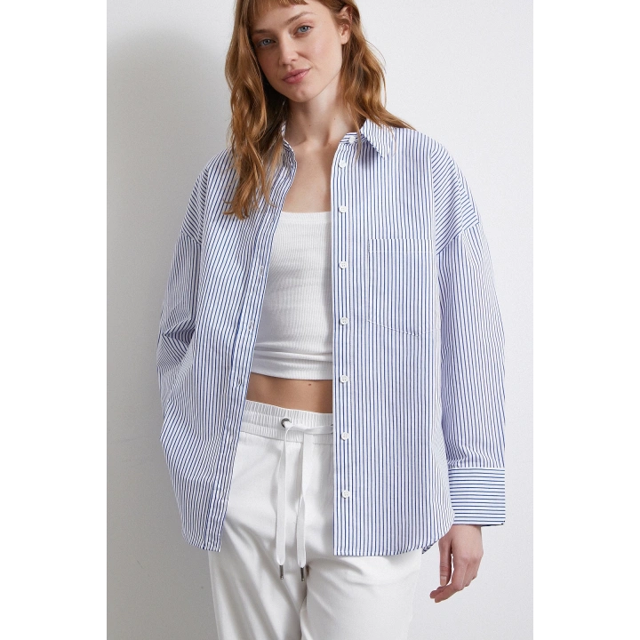 İnce Çizgili Gömlek Mavi