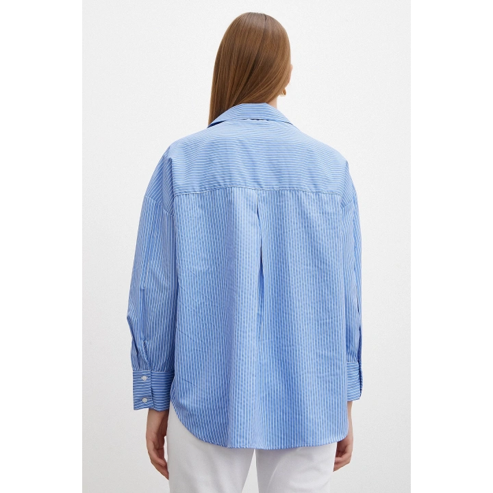 İnce Çizgili Gömlek Mavi