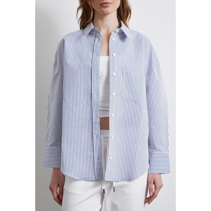İnce Çizgili Gömlek Mavi