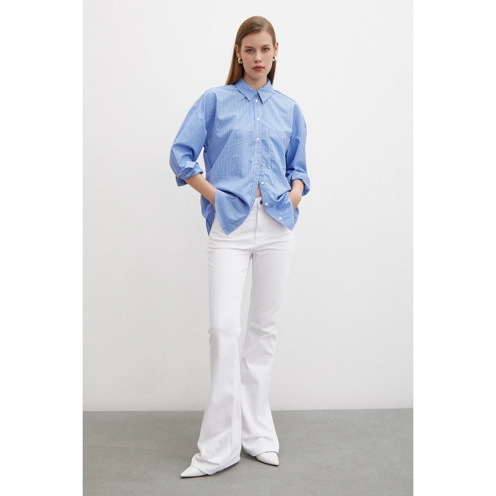 İnce Çizgili Gömlek Mavi