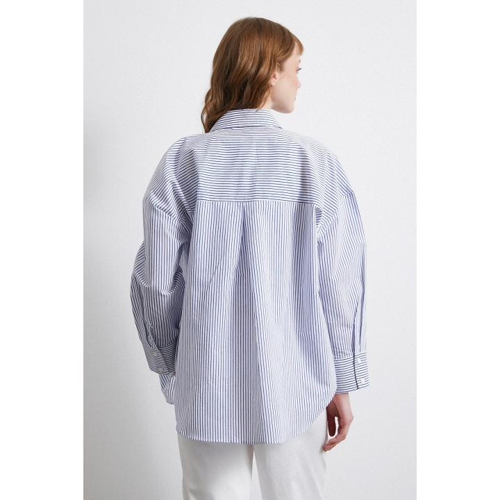 İnce Çizgili Gömlek Mavi