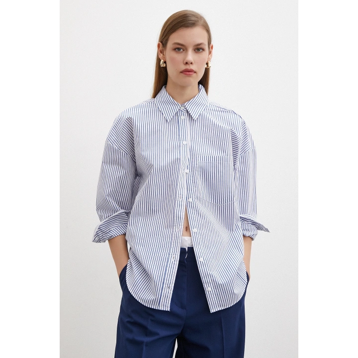 İnce Çizgili Poplin Gömlek Mavi