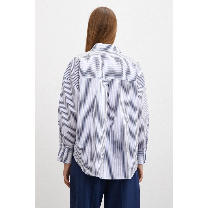 İnce Çizgili Poplin Gömlek Mavi