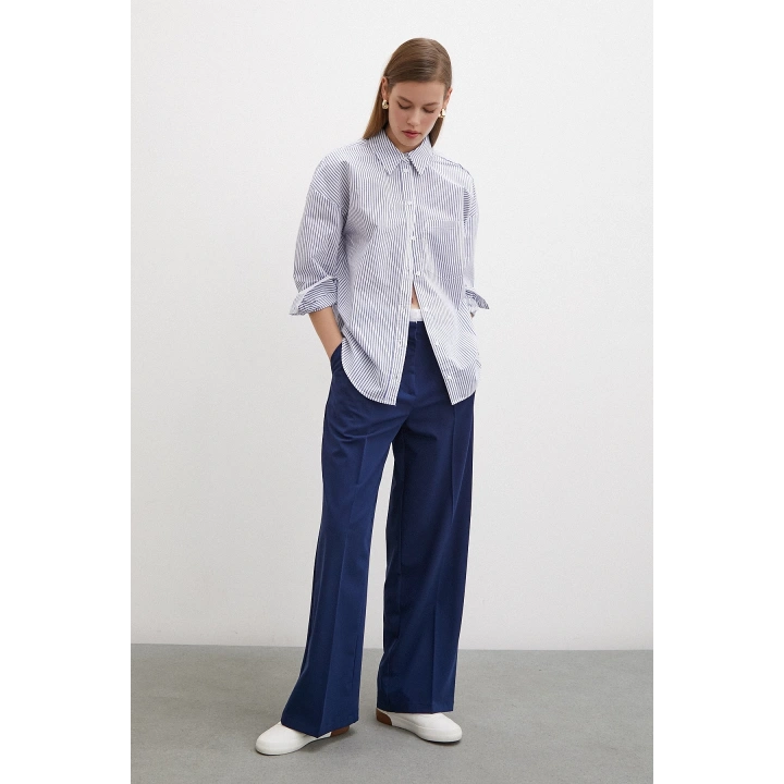 İnce Çizgili Poplin Gömlek Mavi