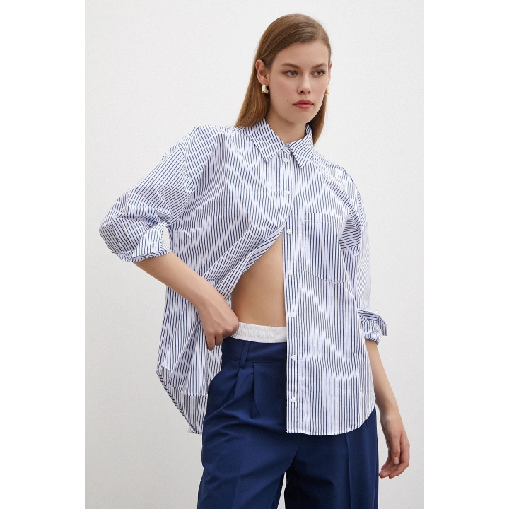 İnce Çizgili Poplin Gömlek Mavi