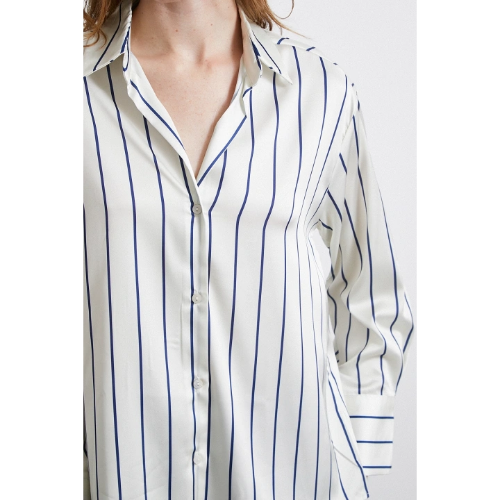İnce Çizgili Şifon Gömlek Ekru