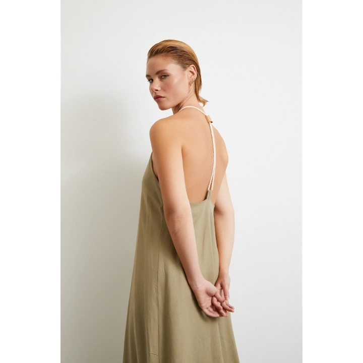 İp Askılı Keten Elbise Haki