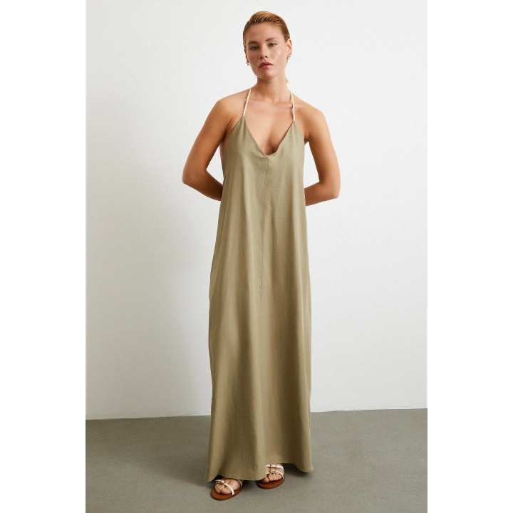 İp Askılı Keten Elbise Haki