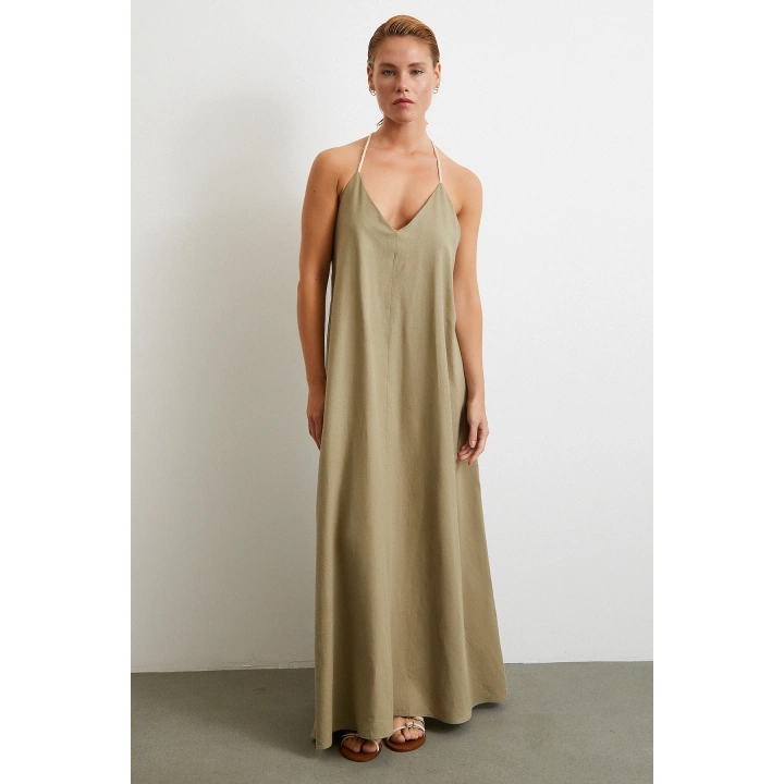 İp Askılı Keten Elbise Haki