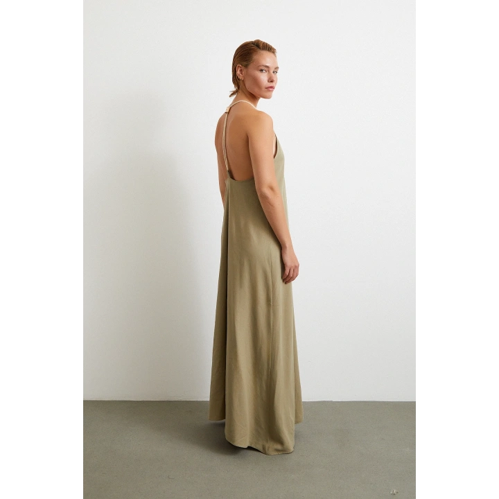 İp Askılı Keten Elbise Haki