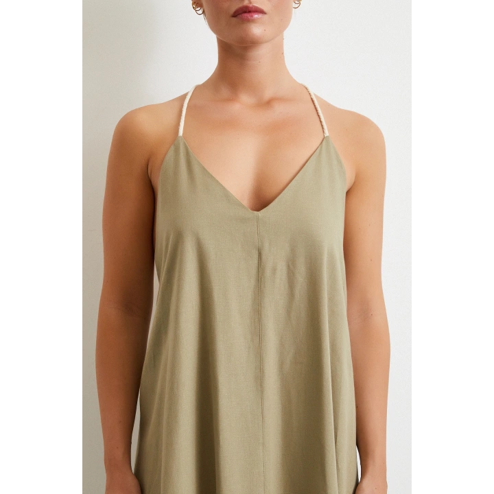 İp Askılı Keten Elbise Haki