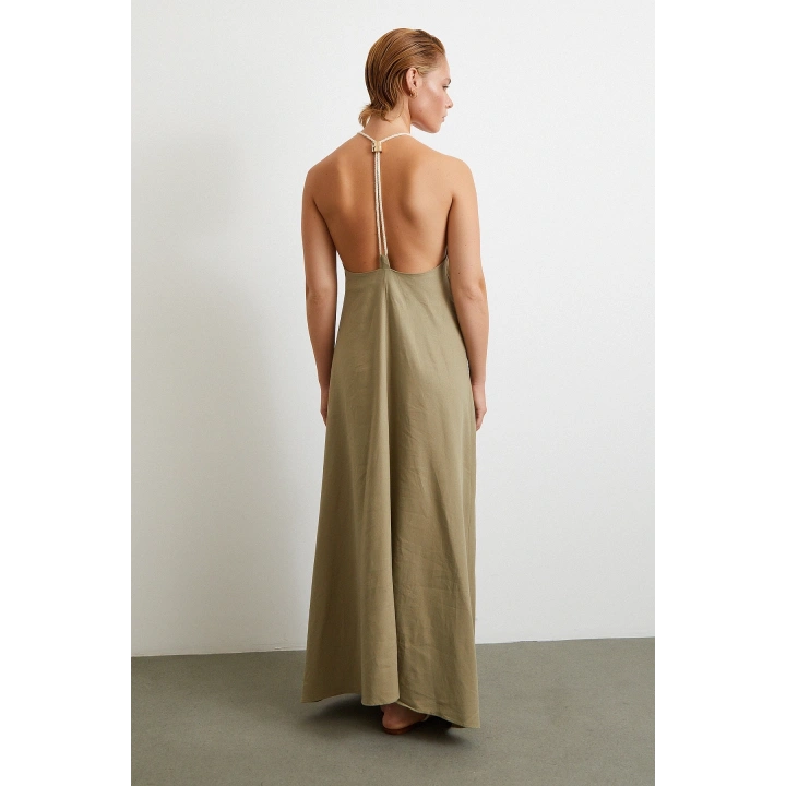 İp Askılı Keten Elbise Haki