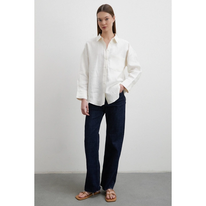 Jakar Dokulu Keten Gömlek Ekru