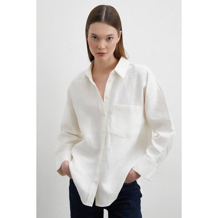 Jakar Dokulu Keten Gömlek Ekru