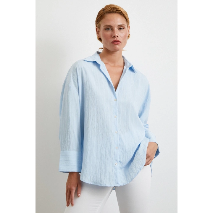 Kabartma Çizgili Oversize Gömlek Mavi