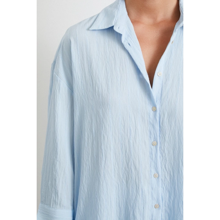 Kabartma Çizgili Oversize Gömlek Mavi