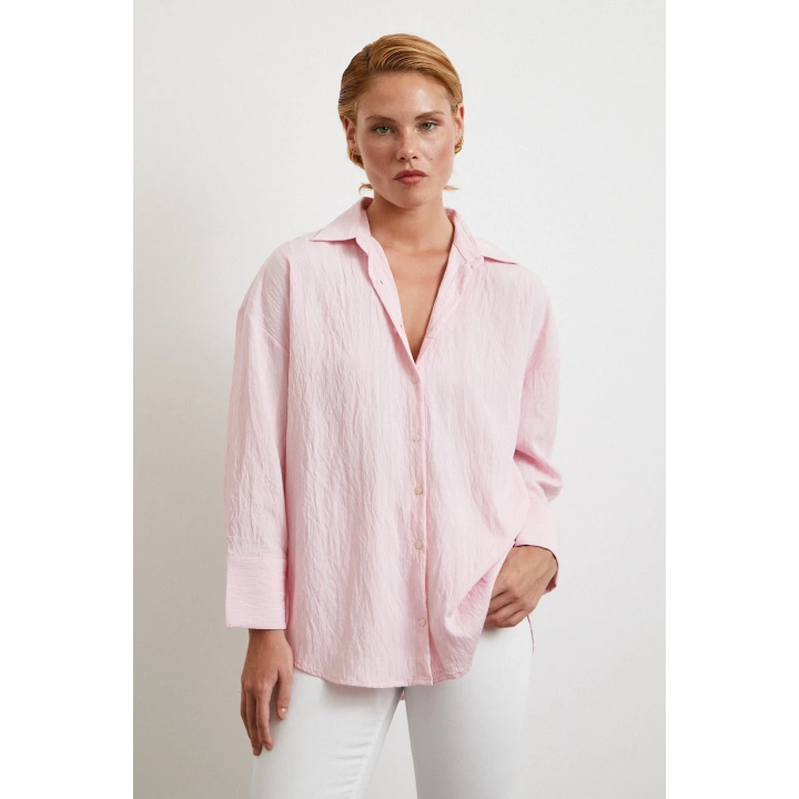 Kabartma Çizgili Oversize Gömlek Pembe