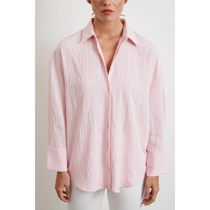 Kabartma Çizgili Oversize Gömlek Pembe