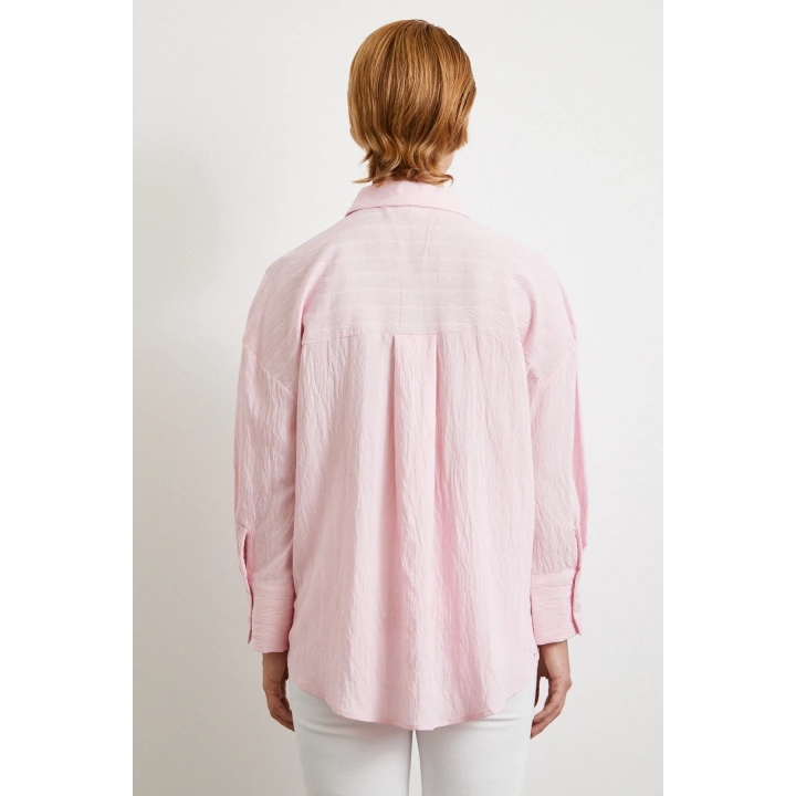 Kabartma Çizgili Oversize Gömlek Pembe