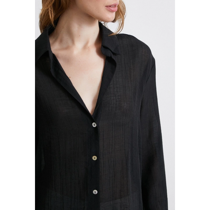 Kabartma Çizgili Saten Gömlek Siyah