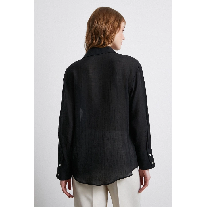 Kabartma Çizgili Saten Gömlek Siyah