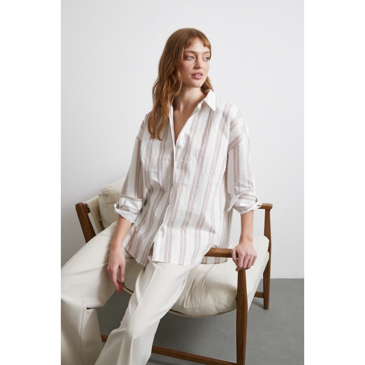 Kahve Çizgili Gömlek Ekru