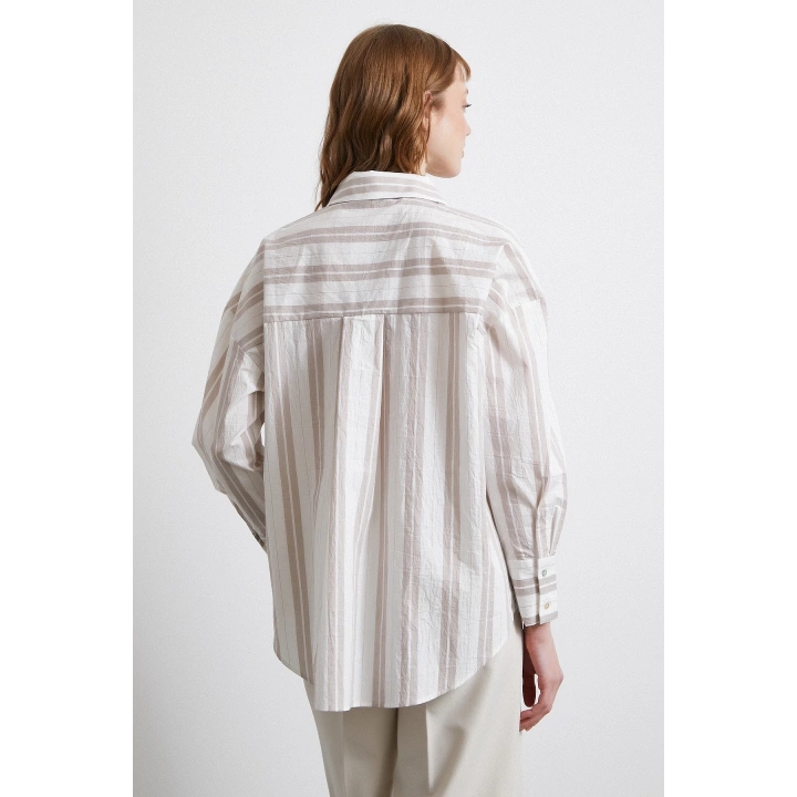 Kahve Çizgili Gömlek Ekru