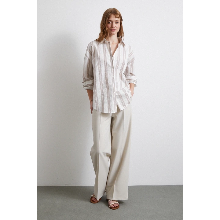 Kahve Çizgili Gömlek Ekru