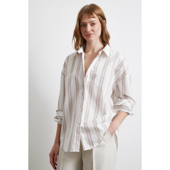 Kahve Çizgili Gömlek Ekru