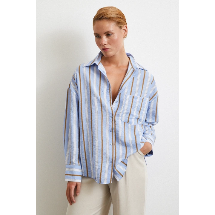 Kahve Çizgili Gömlek Mavi