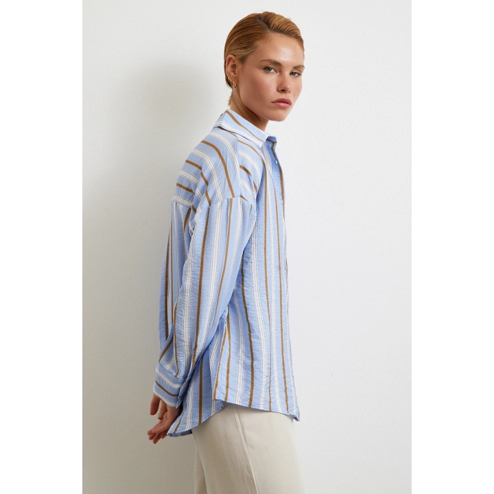 Kahve Çizgili Gömlek Mavi