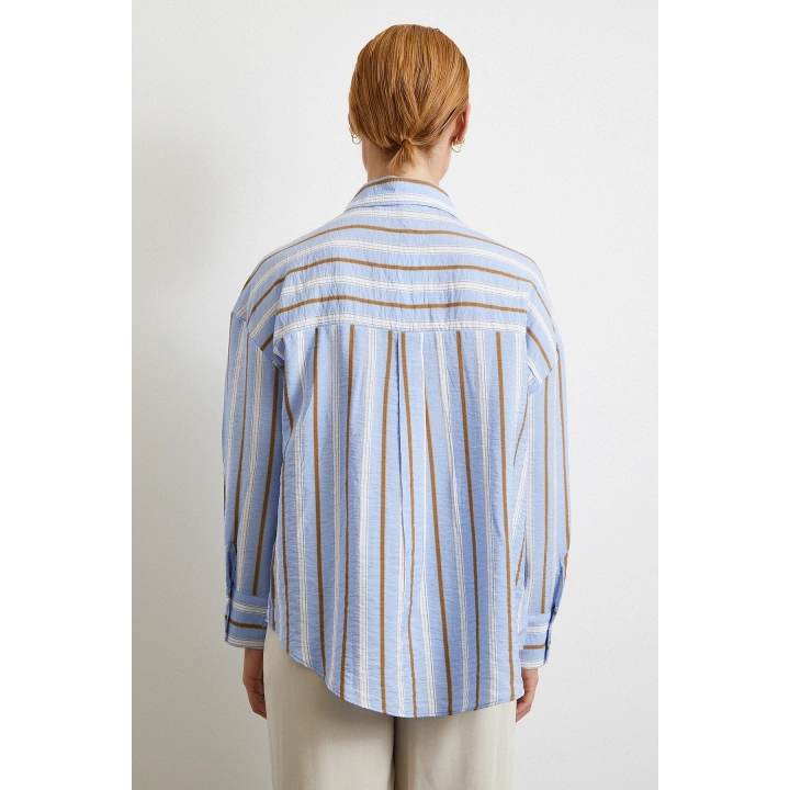 Kahve Çizgili Gömlek Mavi