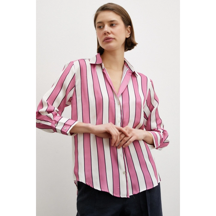 Kalın Çizgili Saten Gömlek Pembe