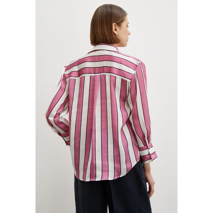 Kalın Çizgili Saten Gömlek Pembe