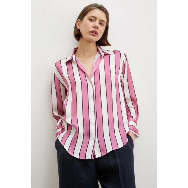 Kalın Çizgili Saten Gömlek Pembe