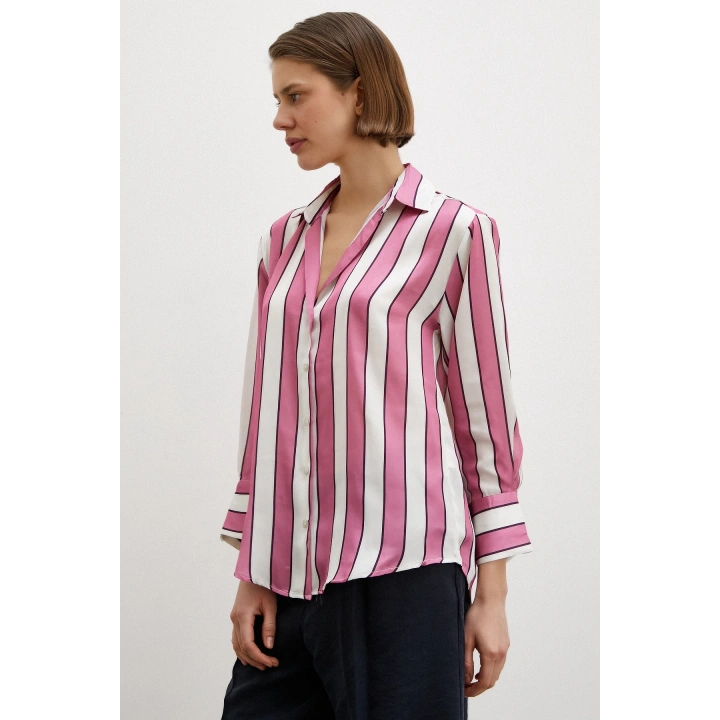 Kalın Çizgili Saten Gömlek Pembe