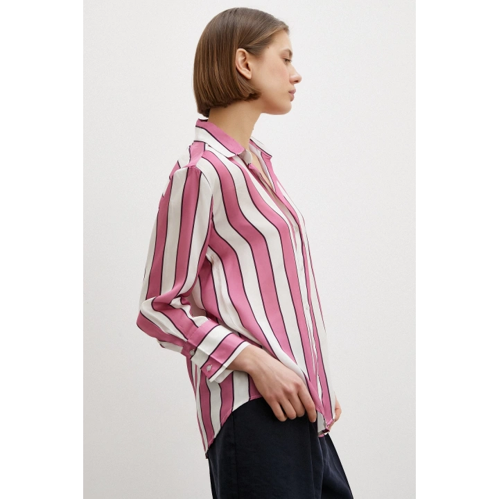Kalın Çizgili Saten Gömlek Pembe
