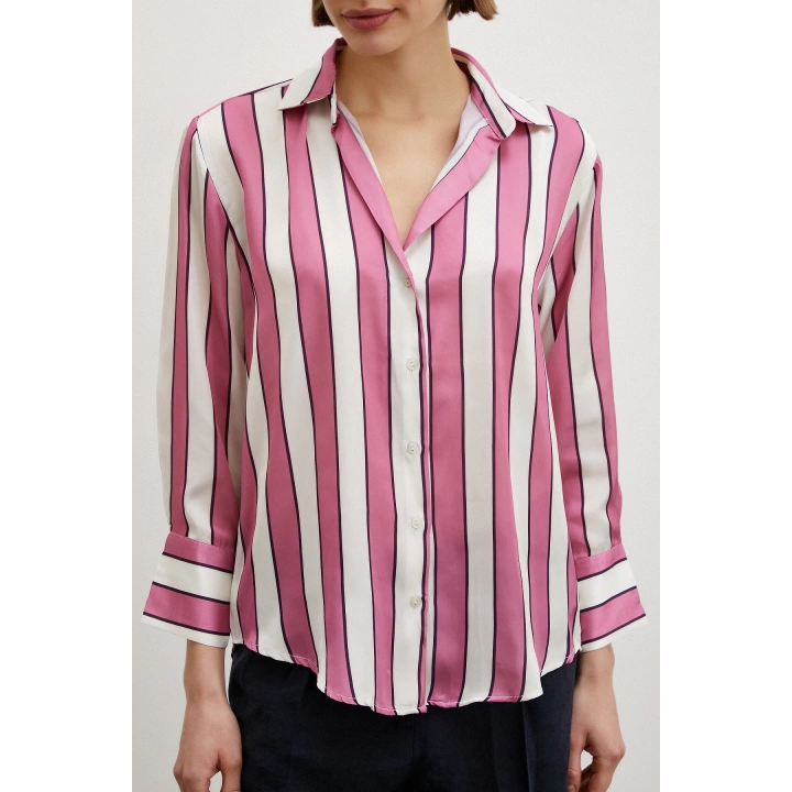 Kalın Çizgili Saten Gömlek Pembe