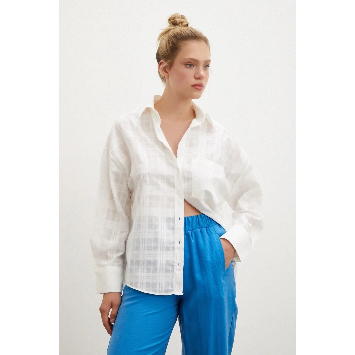 Kareli Poplin Gömlek Beyaz